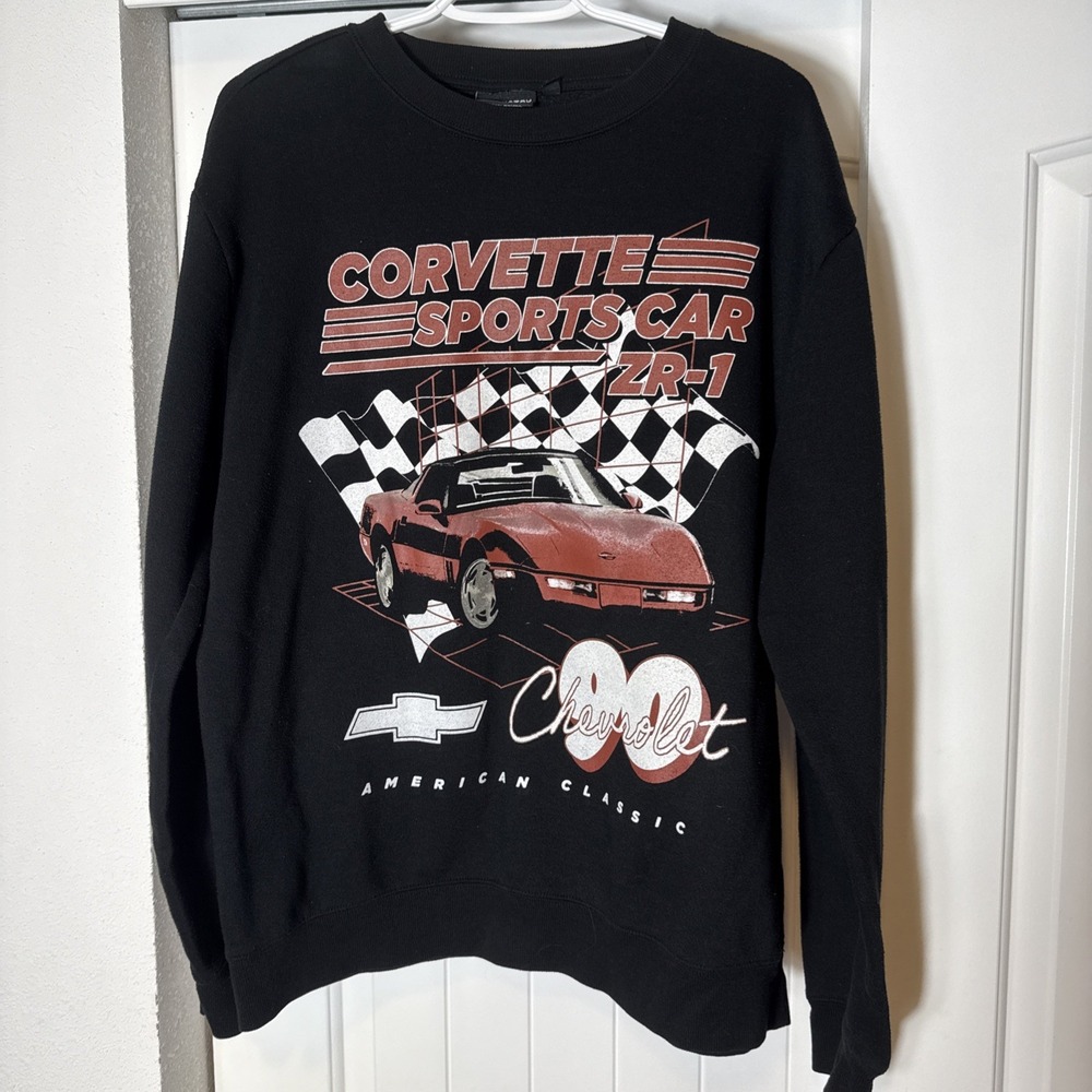 Corvette Sweatshirt Mens Large Black Chevy 90 ZR-1 Crewneck Front & Back Graphic
